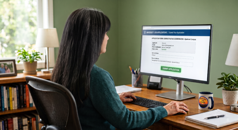 Woman wearing a deep teal blouse typing an email on a laptop regarding job applications after 50.